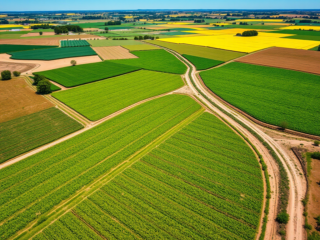 Aerial view of patchwork fields in various shades of green and yellow, intersected by dirt roads under a clear blue sky.