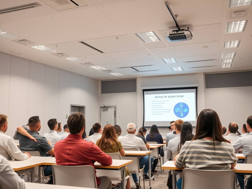 A group of people attending a presentation in a classroom setting, focused on a screen displaying information.