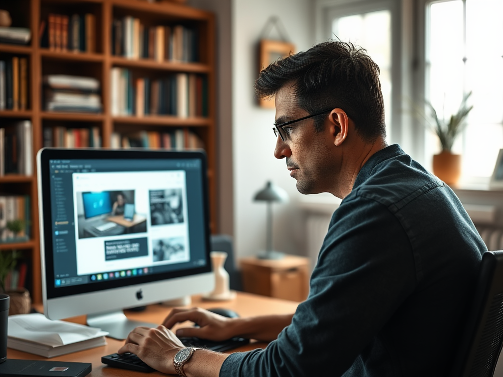 A man working intently at a computer in a cozy home office filled with books and natural light.