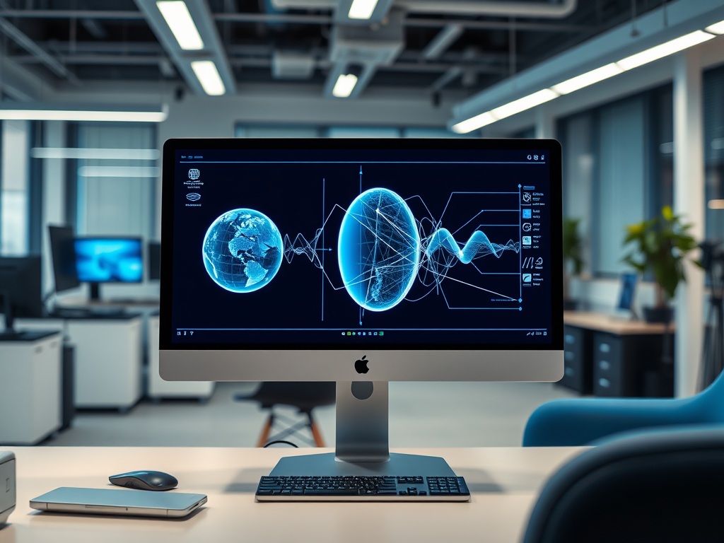 A modern office desk with an iMac displaying a digital globe and wave patterns, surrounded by office equipment.