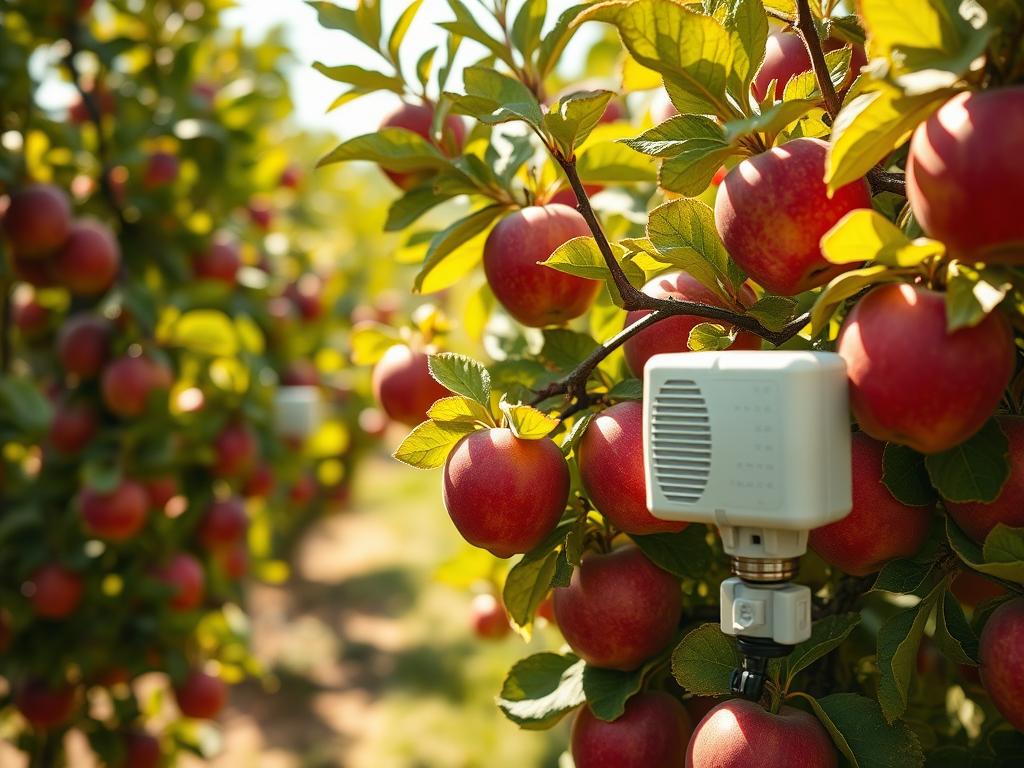 A close-up of lush apple trees bearing ripe red apples, with a monitoring device attached to the branch.