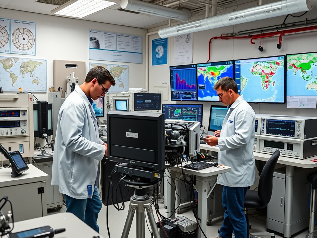 Two scientists in lab coats work at high-tech monitors and equipment in a research lab focused on data analysis.