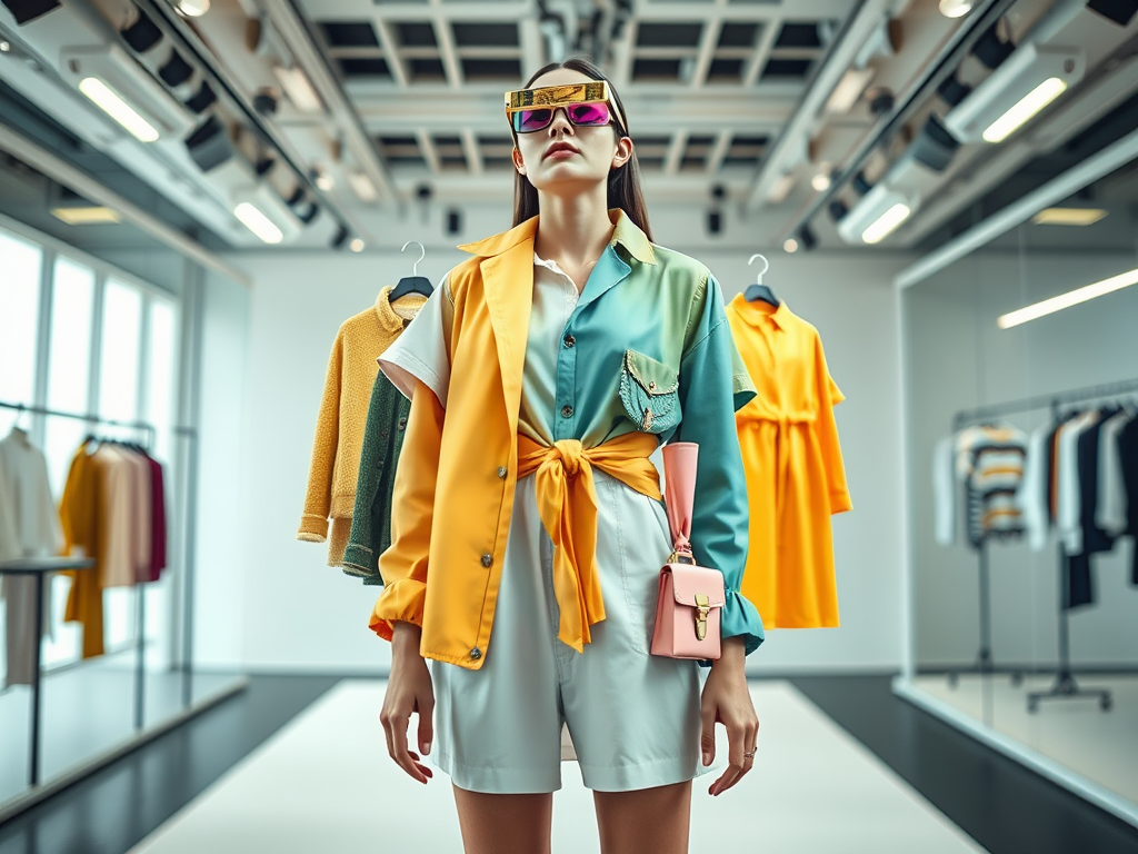 A model poses in a stylish outfit with colorful layers and accessories, surrounded by hanging garments in a modern showroom.