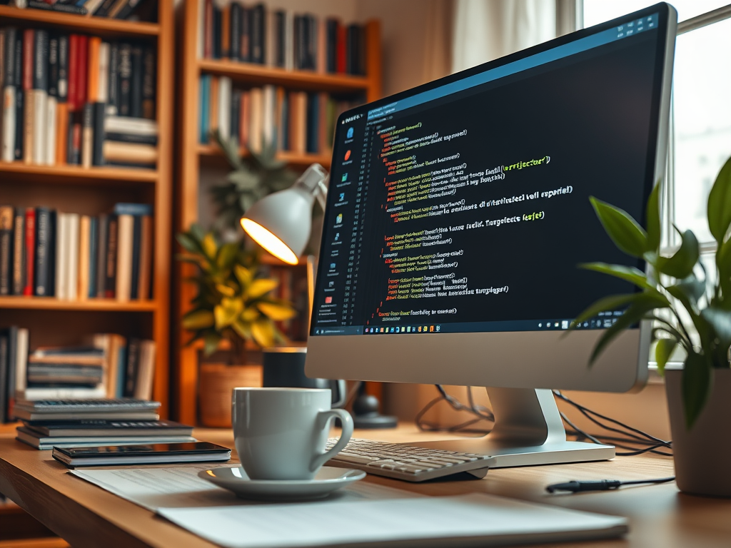 A well-lit workspace featuring a computer monitor displaying code, a cup of coffee, and books in the background.