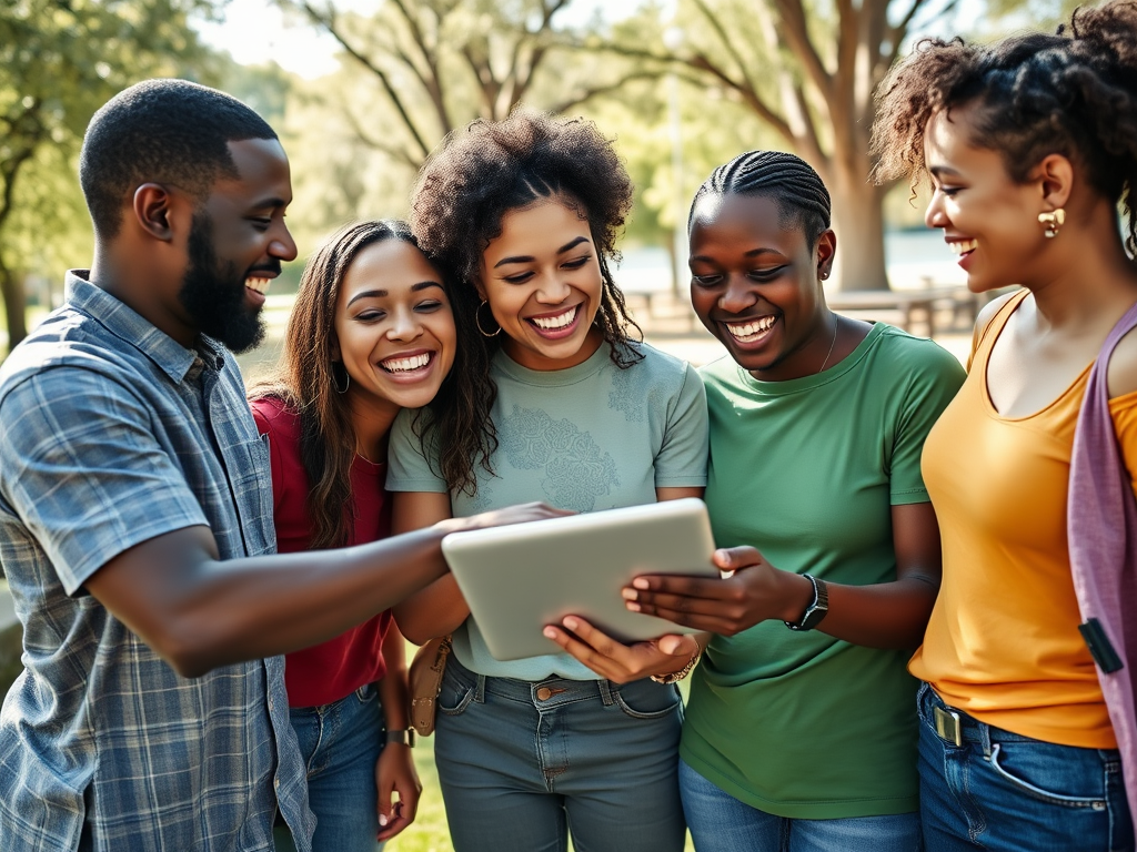 A group of five friends smile and gather around a tablet in a sunny park, enjoying a shared moment.