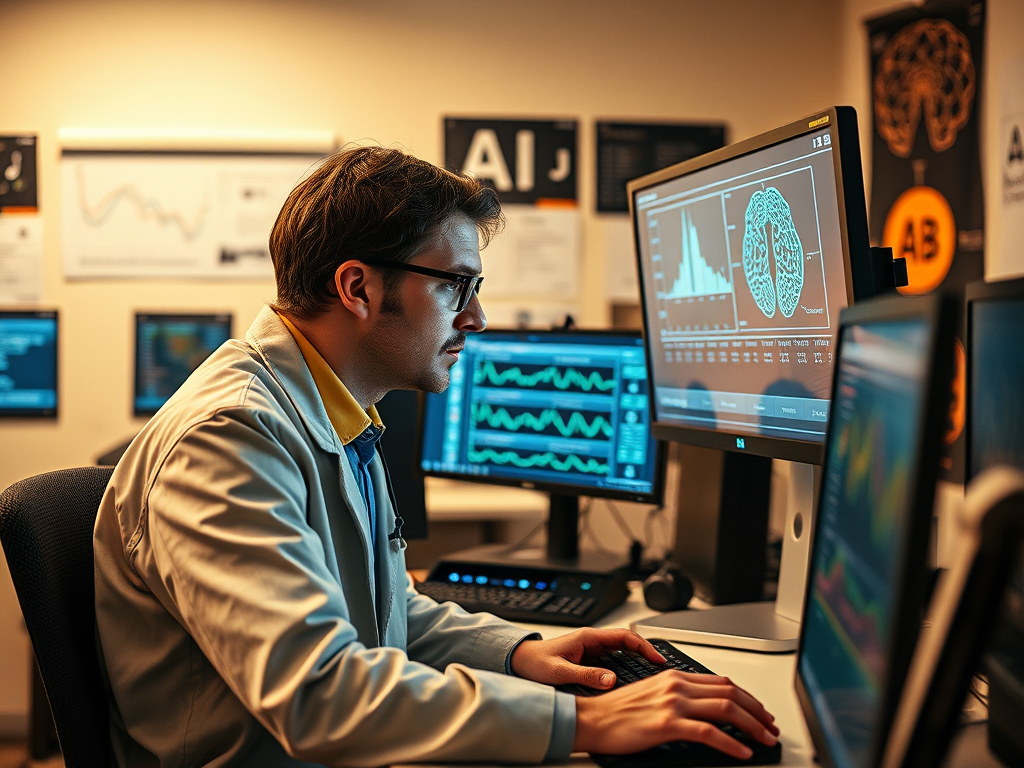 A focused professional analyzes data on multiple monitors in a tech-driven workspace, with graphical displays.