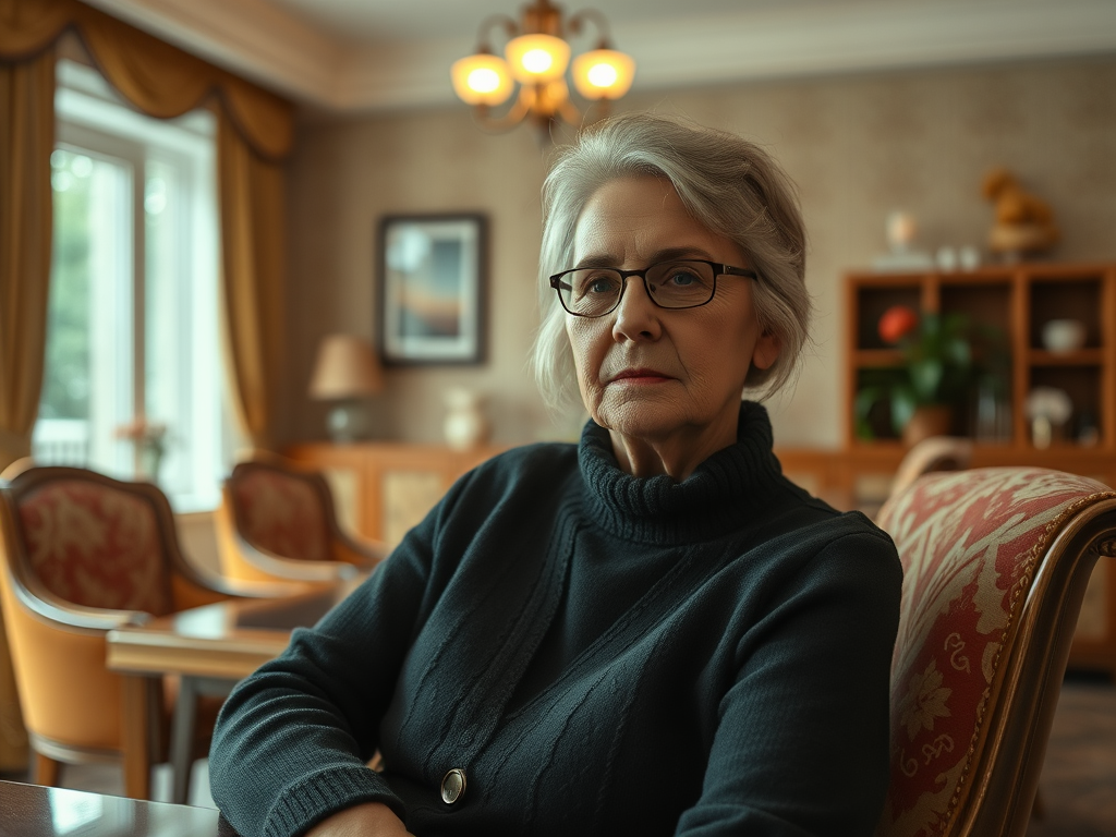 A thoughtful older woman with glasses sits in a cozy, well-furnished room, looking directly at the camera.