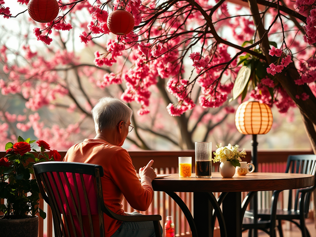 An elderly person sits at a table under blooming pink flowers, enjoying a drink and surrounded by lanterns.